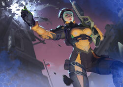  armor belt belt_buckle black_gloves bodysuit breasts brown_hair buckle building bullpup character_request clenched_hand closed_mouth commentary_request explosion female fj_wu_cheng&#039;en flag flag_print from_below gas_mask gloves green_eyes grey_gloves gun highres holding holding_gun holding_weapon knee_pads large_breasts lips long_sleeves looking_away mask multicolored_clothes multicolored_gloves night outdoors outstretched_arm photoshop_(medium) rainbow_six_siege rifle russian_flag scar scar_on_cheek scar_on_face short_hair shoulder_armor sky solo standing thick_eyebrows thigh_strap trigger_discipline weapon yellow_bodysuit 