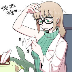  aged_down arm_up bad_id bad_pixiv_id bags_under_eyes black-framed_eyewear blonde_hair blunt_bangs chair closed_mouth commentary female glasses green_eyes green_sweater holding korean_text lab_coat long_hair looking_down nutkingcall oleana_(pokemon) outline pokemon pokemon:_twilight_wings pokemon_(anime) pokemon_(creature) ribbed_sweater sidelocks sitting sleeveless sleeveless_sweater sweater tissue tissue_box trubbish white_background 