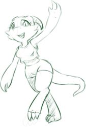  anthro black_and_white bottomwear clothing female gesture green_and_white hotpants kobold monochrome pooky_(pooky&#039;s_goodra) shorts simple_background solo telsie walking waving waving_at_viewer white_background 