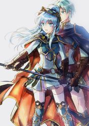  1boy alternate_costume alternate_hairstyle aqua_eyes aqua_hair armor belt breastplate brother_and_sister cape cosplay earrings eirika_(fire_emblem) eirika_(pledged_restorer)_(fire_emblem) ephraim_(fire_emblem) ephraim_(fire_emblem)_(cosplay) female fire_emblem fire_emblem:_the_sacred_stones fire_emblem_heroes gloves hair_between_eyes highres holding holding_weapon jewelry long_hair mintes official_alternate_costume open_mouth pauldrons polearm ponytail shoulder_armor siblings sidelocks skirt spear sweatdrop thighhighs twins twitter_username weapon white_background 