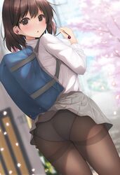  accidental_exposure ass bag brown_eyes brown_hair brown_pantyhose carrying_bag cherry_blossoms clothes_lift commentary_request female from_behind grey_skirt in-ear_earphones long_sleeves looking_at_viewer looking_back minato_ojitan original panties panties_under_pantyhose pantyhose petals pleated_skirt school_bag school_uniform shirt shirt_tucked_in short_hair skirt skirt_lift solo standing thighband_pantyhose underwear white_shirt 