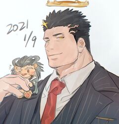  1boy arsalan_(housamo) bad_id bad_pixiv_id bara black_hair black_suit chibi dated facial_hair formal male_focus mature_male multicolored_hair necktie official_alternate_costume on_shoulder red_necktie revision sdz_(inazuma) short_hair sideburns smile streaked_hair striped_suit stubble suit tokyo_afterschool_summoners upper_body zabaniyya_(fashionista_suit)_(housamo) zabaniyya_(housamo) 