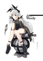  ankle_strap arknights black_footwear black_gloves black_ribbon cannon character_name closed_mouth female gloves hair_ribbon head_rest highres long_hair low-tied_long_hair red_eyes ribbon sidelocks simple_background single_glove sitting solo star_(symbol) translated tsukira_(amayadori) weedy_(arknights) white_background white_hair 