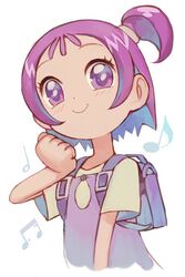  backpack bag blush closed_mouth dress female hand_up hungry_clicker looking_at_viewer musical_note ojamajo_doremi one_side_up purple_dress purple_eyes purple_hair randoseru segawa_onpu short_hair short_sleeves simple_background smile solo upper_body white_background 