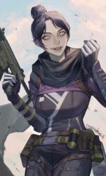  apex_legends belt black_gloves black_hair blue_eyes breasts brown_belt chikitamako clenched_hand female gloves gun hair_bun highres holding holding_gun holding_weapon looking_down medium_breasts parted_bangs parted_lips r-99_smg single_hair_bun smile solo submachine_gun thigh_strap trigger_discipline weapon wraith_(apex_legends) 