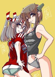  2girls alternate_breast_size alternate_costume breasts brown_eyes brown_hair dated grey_background grey_panties hachimaki hand_on_own_hip headband headgear index_finger_raised jacket kantai_collection kieyza large_breasts long_hair looking_at_viewer multiple_girls one_eye_closed panties parted_lips ponytail short_hair short_shorts shorts signature simple_background taihou_(kancolle) tank_top track_jacket underwear yellow_background zuihou_(kancolle) 