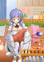  absurdres baby_bottle bird_legs blush bottle breasts chinese_commentary cleavage clover_theater commentary_request crib feathered_wings feathers female fur_trim harpy highres holding_baby hood indoors long_hair medium_breasts monster_girl purple_hair rattle_drum sandway_(clover_theater) swaddled user_kvyg7437 white_feathers white_wings winged_arms wings yellow_eyes 