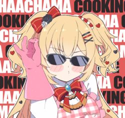  akai_haato akai_haato_(gothic_lolita) apron blonde_hair blush_stickers collared_shirt commentary english_commentary female frilled_apron frills gingham_apron gloves hair_ornament hairclip heart heart_hair_ornament hololive kukie-nyan long_hair looking_at_viewer meme o3o official_alternate_costume official_alternate_hairstyle pink_apron pink_gloves puckered_lips salt_bae_(meme) shirt solo sunglasses twitter_username two_side_up upper_body very_long_hair virtual_youtuber white_shirt 