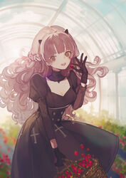  absurdres black_dress black_gloves blurry blurry_background botanical_garden braid breasts chinese_commentary cleavage commentary cross curly_hair dress female food foot_hair fruit garden gloves grey_eyes grey_hair hair_ornament highres holding holding_food light_rays long_hair long_sleeves looking_at_viewer nanami:_storm_(punishing:_gray_raven) nanami_(punishing:_gray_raven) open_mouth punishing:_gray_raven rooftop senryoko small_breasts smile solo strawberry sunbeam sunlight 