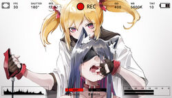  2girls animal_ear_fluff animal_ears arknights battery_indicator black_hair blindfold blonde_hair blood collar ear_piercing finger_in_another&#039;s_mouth finger_to_another&#039;s_mouth gloves highres jacket leash long_hair multiple_girls open_mouth piercing recording red_eyes shinnasuka025 sora_(arknights) texas_(arknights) tongue twintails viewfinder wolf_ears 