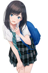  backpack bag bent_over black_hair black_skirt blue_eyes blush commentary_request female highres hyuuga_azuri leaning_forward long_hair looking_at_viewer miniskirt open_mouth original school_uniform simple_background skirt smile solo standing white_background 