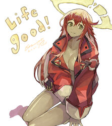  absurdres female green_eyes guilty_gear guilty_gear_strive hair_between_eyes halo highres jack-o&#039;_valentine jacket long_hair looking_at_viewer oversized_clothes red_hair red_jacket spiked_halo subakeye 