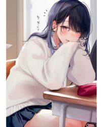  black_hair black_skirt blush cardigan chair classroom collared_shirt desk elbow_rest elbows_on_table eyes_visible_through_hair female half-closed_eyes head_rest highres indoors long_hair looking_at_viewer looking_to_the_side nekomugiharu notice_lines on_chair original pencil_case satou_mei school_chair school_desk school_uniform shirt sitting skirt sleeves_past_fingers sleeves_past_wrists speech_bubble translated white_shirt 