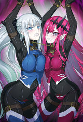  2girls arms_up baobhan_sith_(fate) blue_eyes bodysuit bound bound_together bound_wrists breast_press breasts chains clenched_teeth collar commentary_request cuffs fate/grand_order fate_(series) grey_eyes grey_hair highres latex latex_bodysuit linked_collar long_hair looking_at_viewer morgan_le_fay_(fate) multiple_girls pointy_ears ponytail red_hair ribimura shiny_clothes skin_tight teeth tsurime very_long_hair 