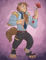  beast_(disney) beauty_and_the_beast clothing disney dress_shirt flower fur heart_symbol hi_res horn male mid_transformation necktie plant rose_(flower) shirt solo species_transformation thestory topwear torn_clothing transformation 