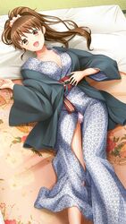  :d asa_no_ha_(pattern) bath_yukata breasts brown_eyes brown_hair cleavage collarbone doukyuusei doukyuusei_another_world female futon game_cg hair_ornament hair_scrunchie haori high_ponytail indoors japanese_clothes kimono long_hair long_sleeves looking_at_viewer lying medium_breasts on_back open_clothes open_kimono open_mouth panties pink_scrunchie scrunchie smile solo striped_clothes striped_panties tanaka_misa underwear very_long_hair white_kimono white_panties yukata 