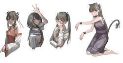  4girls absurdres adjusting_eyewear animal_ears bandaged_arm bandages black_choker black_dress black_hair black_ribbon black_wristband blouse blue_sailor_collar brown_hair brown_necktie brown_sweater_vest cat_ears cat_tail choker cleavage_cutout closed_mouth clothing_cutout collar collarbone collared_shirt commentary cropped_torso cross_cutout detached_sleeves double_bun dress earrings fake_animal_ears glasses green_eyes grey_eyes hair_bun hair_ribbon heart heart_earrings highres jewelry kneeling long_sleeves looking_at_viewer medium_hair multiple_girls neckerchief necktie open_mouth original paw_print purple_eyes red_neckerchief red_tank_top ribbon sailor_collar school_uniform serafuku shirt short_sleeves simple_background striped striped_necktie stud_earrings subfiction sweater_vest tail tank_top twintails upper_body w white_background white_shirt wide_sleeves 