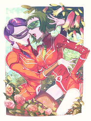  2girls artist_name bad_id bad_pixiv_id breasts brown_legwear bryony_(pokemon) celosia_(pokemon) commentary_request flower gloves green_hair green_lips green_neckwear jacket kusuribe multiple_girls nail_polish necktie open_mouth orange_gloves orange_jacket pink_flower pokemon pokemon_xy purple_hair purple_nails purple_necktie short_hair team_flare team_flare_uniform teeth tinted_eyewear tongue visor watermark 