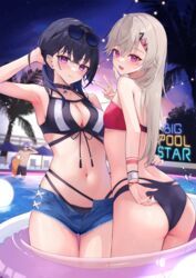  1boy 2girls absurdres armpits ass bare_shoulders bikini black_bikini black_choker black_hair blue_hair blush breasts choker closed_mouth denim ear_piercing eyewear_on_head grey_hair hair_between_eyes highres ichinose_uruha ichinose_uruha_(summer_c102) komori_met komori_met_(summer_c102) long_hair looking_at_viewer lupinus_virtual_games medium_breasts multicolored_hair multiple_girls navel neo-porte nif7y night night_sky open_fly open_mouth outdoors piercing pool purple_eyes shirayuki_reid short_shorts shorts sky smile streaked_hair swimsuit thighs virtual_youtuber vspo! 