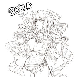  2020 bad_id bad_twitter_id belt blush bracelet breasts choker collarbone covered_navel dated double_w eyelashes feathered_wings female fingernails floating greyscale hair_between_eyes happy_new_year hatching_(texture) head_wings heart highres jewelry long_fingernails looking_at_viewer magatama monochrome new_year parted_lips ragnarok_online sanonoreku_rlo signature simple_background solo sorcerer_(ragnarok_online) transparent w white_background wings 