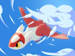  4:3 advos ambiguous_gender artist_name cloud digital_media_(artwork) feral flying generation_3_pokemon hi_res latias legendary_pokemon multicolored_body nintendo outside pokemon pokemon_(species) red_body signature sky skydiving solo two_tone_body white_body wings yellow_eyes 