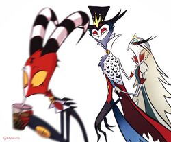  anthro avian bird blitzo_(helluva_boss) cape clothing crown demon distracted_boyfriend drinking feathers female grey_body grey_feathers group headgear helluva_boss hi_res horn imp male meme owl owl_demon rancorwiid red_body red_eyes red_skin simple_background stella_(helluva_boss) stolas_(helluva_boss) straw_(disambiguation) white_body white_feathers white_skin yellow_sclera 