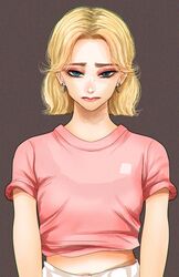  blonde_hair blue_eyes brown_background closed_mouth crop_top cropped_shirt earrings eyeshadow female highres hoop_earrings hoshi_san_3 jewelry korean_commentary looking_at_viewer makeup mole mole_on_nose original pink_shirt sanpaku shirt short_hair short_sleeves solo upper_body 