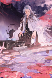  1boy architecture artist_name bamboo_scroll black_robe blurry board_game caustics cherry_blossoms chinese_clothes chinese_commentary closed_eyes closed_mouth coat cup depth_of_field dress facial_mark fish floating_hair flower flying_fish go_(board_game) grey_hair hair_behind_ear hanfu highres holding holding_teapot leaf light_smile long_hair lotus_leaf male_focus parted_bangs pier pink_flower pouring rain robe round_window seiza shoulder_guard sitting solo teapot tray tree tumeii wang_chuan_feng_hua_lu water water_drop white_coat window 