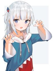  blue_eyes blue_hoodie blue_nails blunt_bangs blush claw_pose collarbone commentary female fish_bone gawr_gura gawr_gura_(1st_costume) gradient_clothes grey_background grey_hair hair_ornament hands_up highres hololive hololive_english hood hoodie idemitsu long_hair looking_at_viewer multicolored_hair oerba_yun_fang one_side_up open_mouth shark_hair_ornament simple_background skin_fang solo standing streaked_hair two-tone_background upper_body virtual_youtuber white_background 