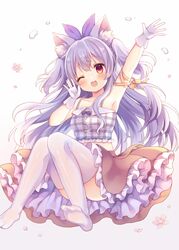  ;d animal_ear_fluff animal_ears arm_up armpits bare_shoulders blue_hair blush breasts brown_skirt cat_ears coa_(chroo_x) collarbone commentary crop_top female flower frilled_shirt frilled_skirt frills gloves gradient_background grey_background knees_together_feet_apart long_hair midriff no_shoes one_eye_closed open_mouth original petals plaid plaid_shirt red_eyes red_flower shirt skirt small_breasts smile soles solo thighhighs two_side_up very_long_hair water_drop white_background white_gloves white_thighhighs 