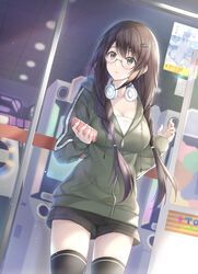  arcade bad_id bad_pixiv_id black_hair black_shorts black_thighhighs braid breasts brown_hair cleavage commentary_request cowboy_shot cuna_(qunya) dancerush_stardom drawstring female glasses green_jacket grey_eyes hair_ornament hairclip headphones headphones_around_neck highres holding hood hood_down hooded_jacket jacket long_hair long_sleeves looking_away low_twintails maimai_(game) medium_breasts original phone photoshop_(medium) short_shorts shorts sidelocks solo thighhighs twin_braids twintails undershirt 