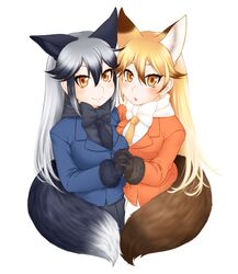  2girls animal_ear_fluff animal_ears black_gloves black_skirt blue_jacket blush breasts brown_gloves commentary_request ear-to-ear extra_ears ezo_red_fox_(kemono_friends) fox_ears fox_tail fur-trimmed_sleeves fur_trim gloves highres holding_hands jacket kemono_friends long_hair looking_at_viewer medium_breasts morino_(morino03) multiple_girls open_mouth orange_eyes orange_jacket silver_fox_(kemono_friends) simple_background skirt tail white_background 