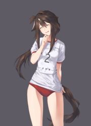  alternate_costume animal_ears arknights brown_hair buruma character_name closed_eyes clothes_writing commentary_request female grey_background gym_uniform hair_between_eyes highres horse_ears horse_girl horse_tail long_hair meteor_(arknights) multicolored_hair open_mouth original_race_uniform_(umamusume) ponytail race_bib red_buruma shirt sidelocks simple_background solo streaked_hair sweat tail tsukira_(amayadori) umamusume white_hair white_shirt 