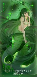  artist_name bare_shoulders bikini bracelet breasts cleavage collarbone commentary earrings female full_body green_background green_eyes green_hair green_nails green_theme groin hand_up highres jewelry long_hair looking_at_viewer medium_breasts mermaid mermaid_melody_pichi_pichi_pitch monster_girl navel necklace parted_lips pearl_bracelet shell shell_bikini shell_earrings shell_necklace sidelocks smile solo sparkle stomach stray_(fengjun) swimsuit tail tail_ornament touin_rina touin_rina_(mermaid) translation_request very_long_hair 