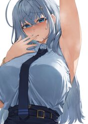  ahoge armpits bad_id bad_twitter_id blue_eyes blue_nails breasts collared_shirt embarrassed female fingernails hair_ornament hairclip highres large_breasts long_hair looking_at_viewer necktie neshia_(tsaqif0309) open_mouth original shirt simple_background sleeveless solo steam sweat very_long_hair white_background 