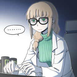  ... aged_down bad_id bad_pixiv_id bags_under_eyes black-framed_eyewear blonde_hair blunt_bangs breasts can chair closed_mouth commentary female glasses green_eyes green_sweater highres indoors lab_coat long_hair long_sleeves monster_energy nutkingcall oleana_(pokemon) outline pale_skin pokemon pokemon:_twilight_wings pokemon_(anime) ribbed_sweater sidelocks sitting sleepy solo spoken_ellipsis sweater upper_body 