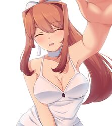  absurdres bare_shoulders bow breasts brown_hair choker cleavage closed_eyes collarbone commentary contrapposto doki_doki_literature_club dot_nose dress english_commentary facing_viewer female hair_between_eyes hair_ornament high_ponytail highres incoming_headpat large_breasts long_bangs mixed-language_commentary monika_(doki_doki_literature_club) multicolored_hair open_mouth orange_hair outstretched_hand pov raion_(raionart) simple_background sleeveless sleeveless_dress solo teeth two-tone_hair upper_body upper_teeth_only white_background white_bow white_choker white_dress 