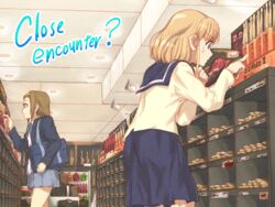  2girls bag blazer blue_jacket blue_ribbon blue_sailor_collar blue_skirt brown_hair commentary_request english_text hairband highres hikarigaoka_high_school_uniform holding holding_bag indoors jacket k-on! k-on!_shuffle kamaage_tomorou long_sleeves miniskirt multiple_girls open_clothes open_jacket ribbon sailor_collar sakuma_yukari sakuragaoka_high_school_uniform school_bag school_uniform serafuku shirt short_hair skirt smile supermarket sweatdrop tainaka_ritsu white_shirt winter_uniform yellow_hairband 