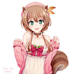  :d absurdres acorn animal_ear_fluff animal_ears ayunda_risu ayunda_risu_(1st_costume) bare_shoulders beret blush bow brown_hair cardigan chrisandita collarbone commentary dated dress female green_eyes hair_between_eyes hair_bobbles hair_ornament hairclip hands_up hat highres hololive hololive_indonesia leaf_hair_ornament long_hair long_sleeves multicolored_hair open_cardigan open_clothes open_mouth pink_cardigan red_bow red_hat simple_background sleeveless sleeveless_dress sleeves_past_wrists smile solo squirrel_ears squirrel_girl squirrel_tail streaked_hair striped striped_bow tail twitter_username virtual_youtuber white_background white_dress white_hair 