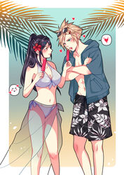  1boy babigonice bare_shoulders bikini black_hair blonde_hair blush breasts cleavage cloud_strife couple crossed_arms eyewear_on_head female final_fantasy final_fantasy_vii final_fantasy_vii_remake flower food hair_flower hair_ornament heart high_ponytail highres large_breasts long_hair looking_at_another midriff navel open_clothes palm_leaf popsicle red_eyes sarong shorts spiked_hair straight sunglasses swimsuit tifa_lockhart white_bikini 