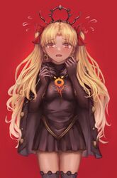  absurdres black_cloak black_thighhighs blonde_hair blush cloak cowboy_shot dark-skinned_female dark_skin earrings embarrassed ereshkigal_(fate) ereshkigal_alter_(fate) fate/grand_order fate_(series) female finger_to_face flying_sweatdrops fur-trimmed_cloak fur_trim hands_up highres jewelry long_hair looking_at_viewer oekaki over-kneehighs parted_bangs red_background red_eyes red_ribbon ribbon rozenoroze scratching_cheek simple_background solo sweatdrop thighhighs very_long_hair zettai_ryouiki 