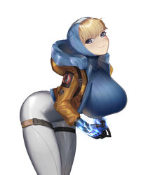  absurdres alternate_breast_size animification apex_legends befe blonde_hair blue_bodysuit blue_eyes blue_gloves blue_headwear bodysuit breasts electricity english_commentary female gloves highres hood hooded_bodysuit hooded_jacket jacket large_breasts leaning_forward orange_jacket ribbed_bodysuit scar scar_on_cheek scar_on_face smile solo wattson_(apex_legends) white_background white_bodysuit 