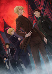  5boys absurdres albert_james_moriarty ascot black_hair black_suit blonde_hair blue_scarf bow bowtie brown_hair brown_suit cane clock clock_tower dutch_angle elizabeth_tower formal fred_porlock glasses green_eyes green_neckwear hands_in_pockets highres holding holding_cane key_visual long_sleeves looking_at_viewer looking_to_the_side louis_james_moriarty male_focus moon multiple_boys official_art outdoors promotional_art purple_suit red_ascot red_eyes red_moon scarf sebastian_moran_(yuukoku_no_moriarty) short_hair standing suit tower william_james_moriarty yuukoku_no_moriarty 