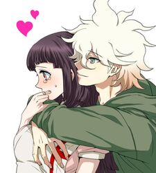  1boy apron bandages black_hair breasts danganronpa_(series) danganronpa_2:_goodbye_despair dosugon female from_side green_jacket heart hood hood_down hooded_jacket jacket komaeda_nagito large_breasts long_sleeves messy_hair mole mole_under_eye multicolored_hair open_mouth pink_shirt shirt simple_background smile straight tearing_up teeth tsumiki_mikan two-tone_hair upper_teeth_only white_background 