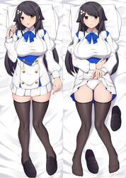  :d absurdres animal_ears ass_visible_through_thighs azur_lane black_footwear black_hair blush breasts brown_eyes choukai_(azur_lane) clothes_lift commentary dakimakura_(medium) english_commentary female from_above full_body hair_ornament highres large_breasts lifting_own_clothes long_hair long_sleeves looking_at_viewer multiple_views on_bed panties pillow sheita shoes skindentation skirt skirt_lift smile thighhighs underwear unworn_shoes wavy_mouth white_panties zettai_ryouiki 