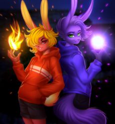  adorableinall anthro august_moon back_to_back black_eyebrows black_nose canid canine clothing digital_media_(artwork) duo eyebrows femboy fire flaming_orb flaming_tail fox fur glowing green_eyes hair hoodie hybrid july_soleil lagomorph leporid light long_ears male male/male mammal night orange_body orange_ears orange_hair orb powers purple_body purple_fur purple_hair purple_tail rabbit red_eyes shaded smile smirk sparkles stripes tail topwear 