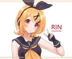  black_dress black_gloves black_ribbon black_sailor_collar blonde_hair breasts character_name commentary_request dress female fingerless_gloves gloves hair_ornament hair_ribbon hairclip hand_up kagamine_rin mikumikudance nail_polish neckerchief nuno_(pppompon) orange_nails orange_neckerchief partial_commentary red_eyes ribbon sailor_collar sailor_dress sleeveless sleeveless_dress small_breasts solo sour_model_(mikumikudance) swept_bangs treble_clef upper_body v vocaloid white_background x_hair_ornament 