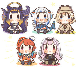  5girls :d blonde_hair blue_eyes blue_hair blunt_bangs blush_stickers capelet chibi commentary_request fins fish_tail gawr_gura gawr_gura_(1st_costume) gradient_hair grey_hair hair_ornament halo hat highres hololive hololive_english holomyth long_hair looking_at_viewer mori_calliope mori_calliope_(1st_costume) multicolored_hair multiple_girls multiple_hats ninomae_ina&#039;nis ninomae_ina&#039;nis_(1st_costume) open_mouth orange_hair pink_eyes pink_hair purple_hair same_anko shark_hair_ornament shark_tail sharp_teeth short_hair sitting smile stuffed_toy tail takanashi_kiara takanashi_kiara_(1st_costume) teeth tentacle tentacle_hair tilted_headwear two-tone_hair two_side_up veil virtual_youtuber watson_amelia watson_amelia_(1st_costume) 