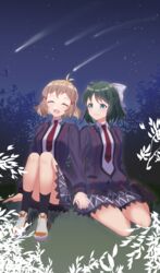  2girls ahoge bad_id bad_pixiv_id blush bow closed_eyes couple grass green_eyes green_hair hairbow holding_hands kohinata_miku light_brown_hair looking_at_another lydian_academy_school_uniform multiple_girls necktie night night_sky open_mouth outdoors plant school_uniform senki_zesshou_symphogear sentaku_nori shoes shooting_star short_hair sitting skirt sky smile socks star_(sky) starry_sky tachibana_hibiki_(symphogear) yokozuwari yuri 