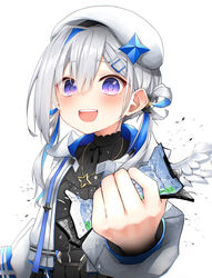  :d absurdres amane_kanata amane_kanata_(work) angel_wings asymmetrical_bangs asymmetrical_hair black_dress blue_hair blush cellphone colored_inner_hair commentary_request crack cracked_glass crushing dress eyes_visible_through_hair feathered_wings female grey_hair hair_ornament hair_over_one_eye hair_rings hairclip highres holding holding_phone hololive iphone_x jacket jewelry line_(naver) long_hair long_sleeves low_twintails mini_wings multicolored_hair necklace official_alternate_costume official_alternate_hair_length official_alternate_hairstyle open_clothes open_jacket open_mouth pepushi_drow phone puffy_long_sleeves puffy_sleeves purple_eyes single_hair_intake sleeveless sleeveless_dress smartphone smile solo star_(symbol) star_necklace strong twintails virtual_youtuber white_jacket white_wings wings 